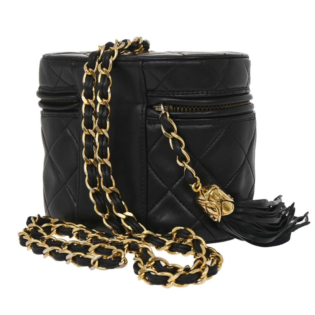 Chanel Vintage Box Zip Tassel Bag Quilted Lambskin Black Leather Shoulder Bag Bag (Pre-Owned)