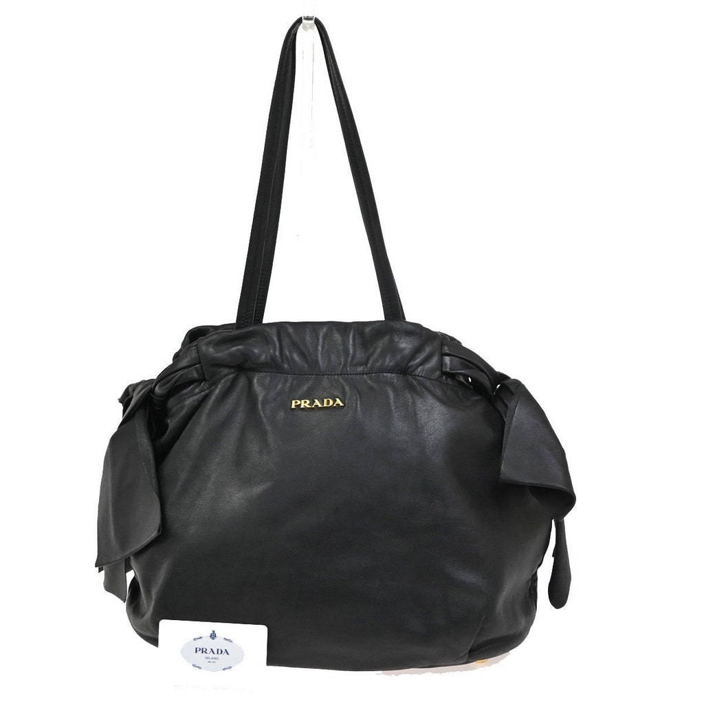 Prada Bow Tie Pleated Tote Leather Black Leather Shoulder Bag Bag (Pre-Owned)