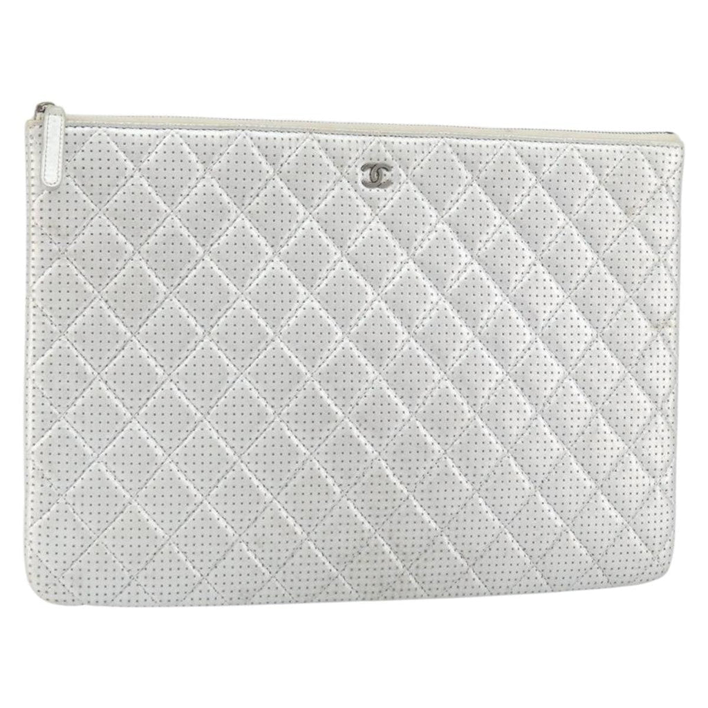 Chanel O Case Clutch Quilted Perforated Lambskin Silver Leather Clutche & Pouche Bag (Pre-Owned)