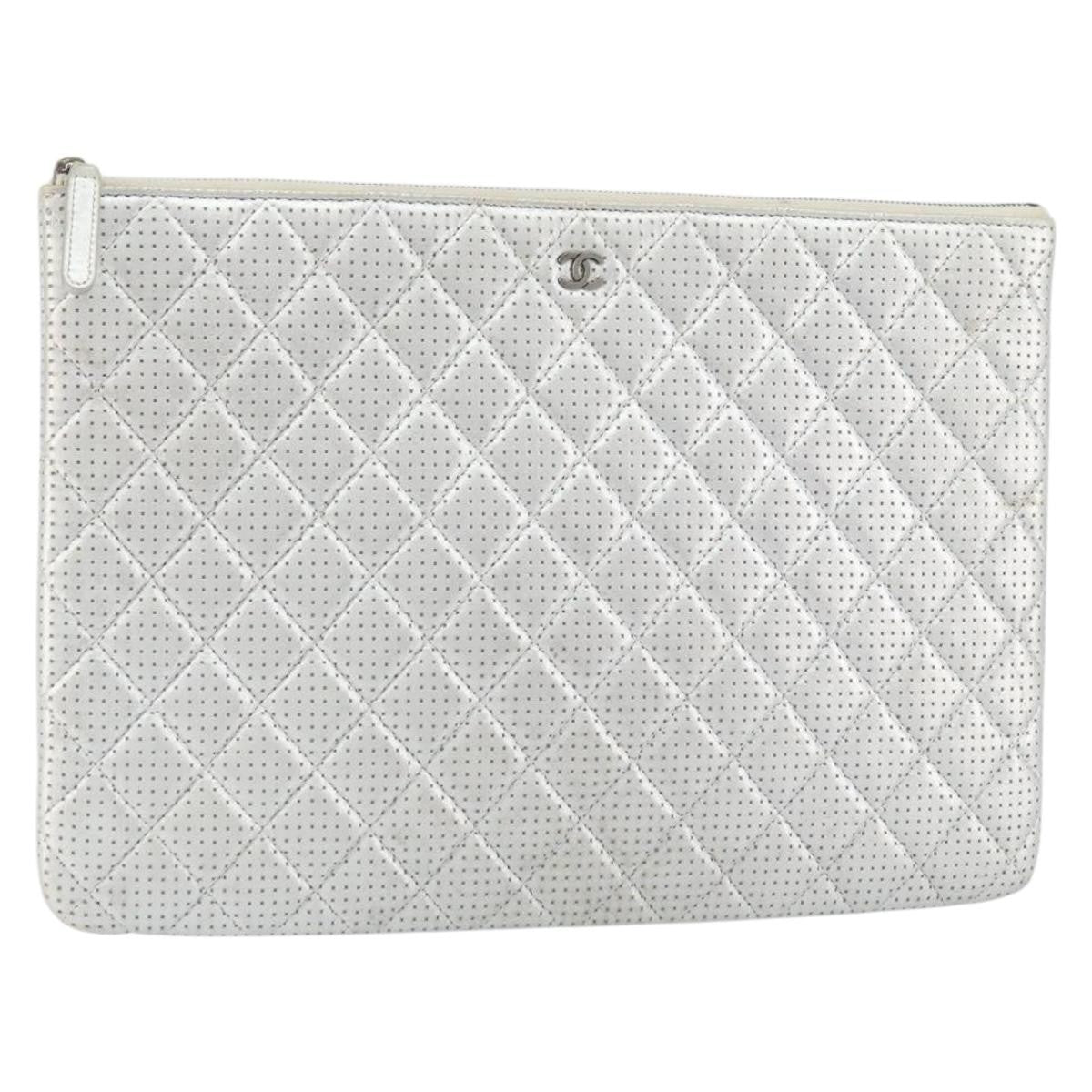 Chanel O Case Clutch Quilted Perforated Lambskin Silver Leather Clutche & Pouche Bag (Pre-Owned)