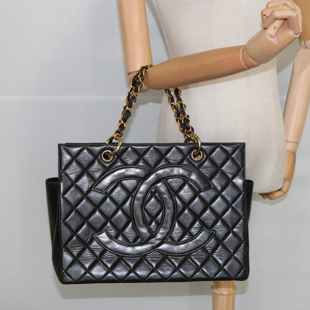 Chanel Vintage Grand Shopping Tote Quilted Lambskin Black Leather Tote Bag Bag (Pre-Owned)