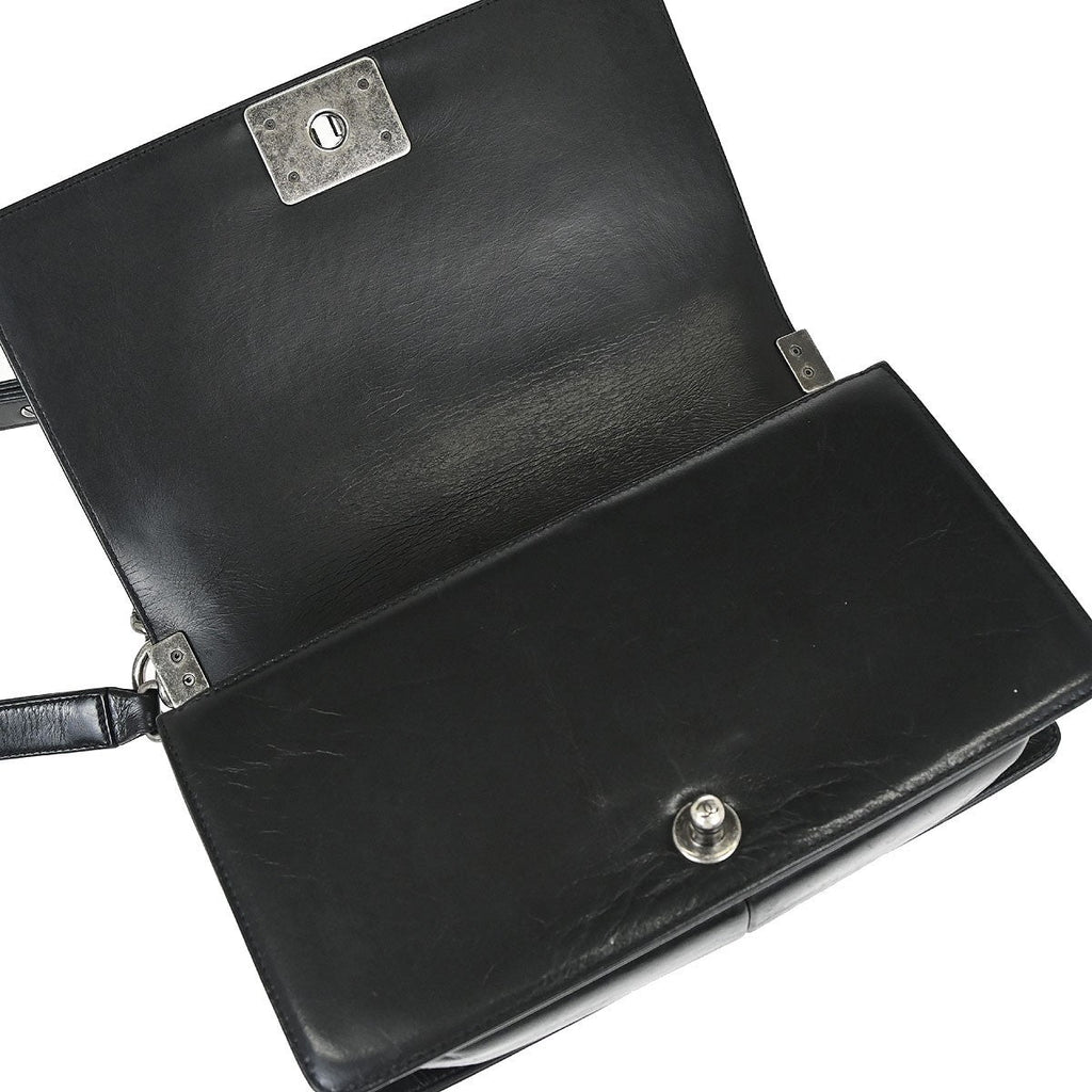 Chanel Boy Flap Bag Quilted Glazed Calfskin Black Leather Handbag (Pre-Owned)