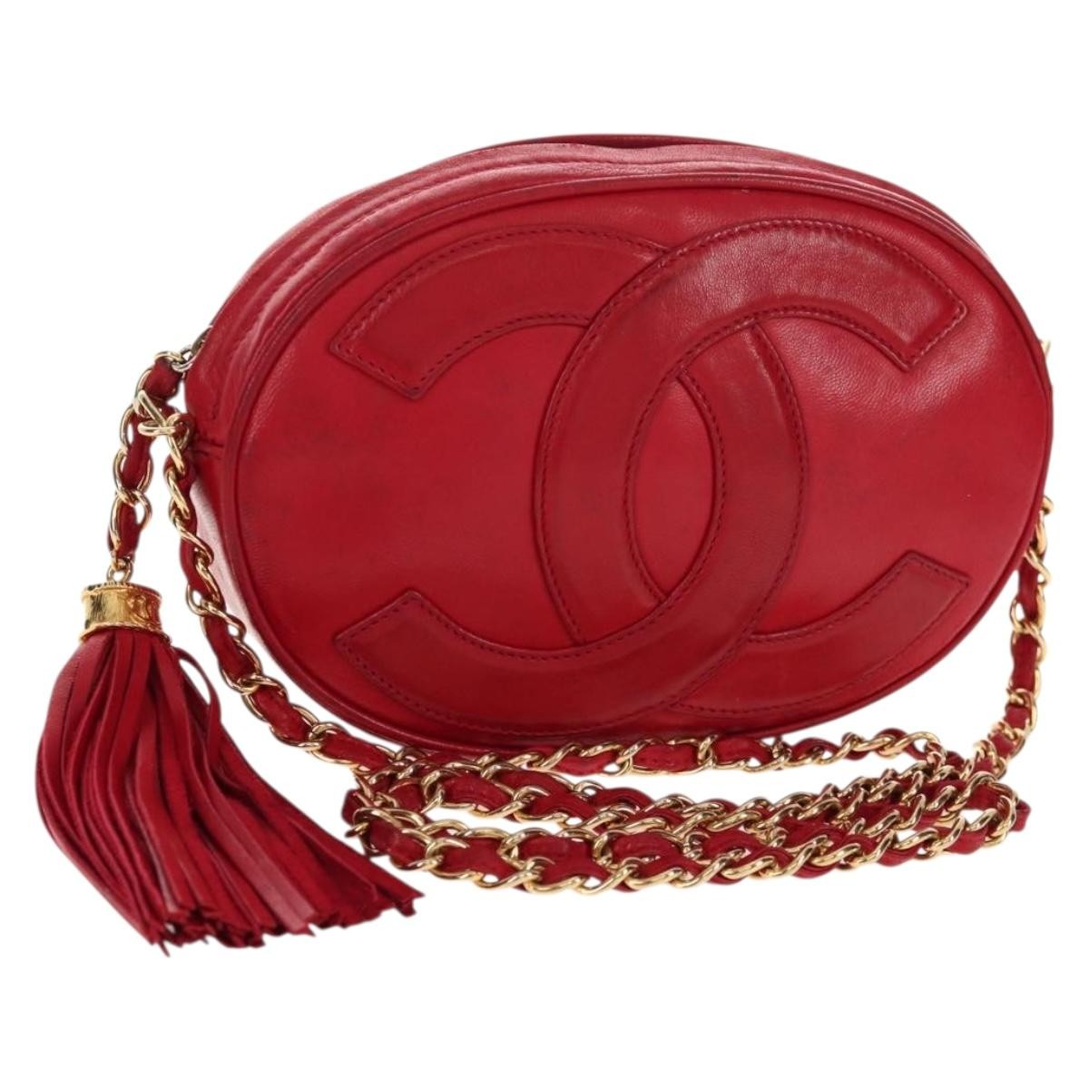 Chanel Vintage Oval Cc Tassel Crossbody Bag Leather Red Leather Shoulder Bag Bag (Pre-Owned)