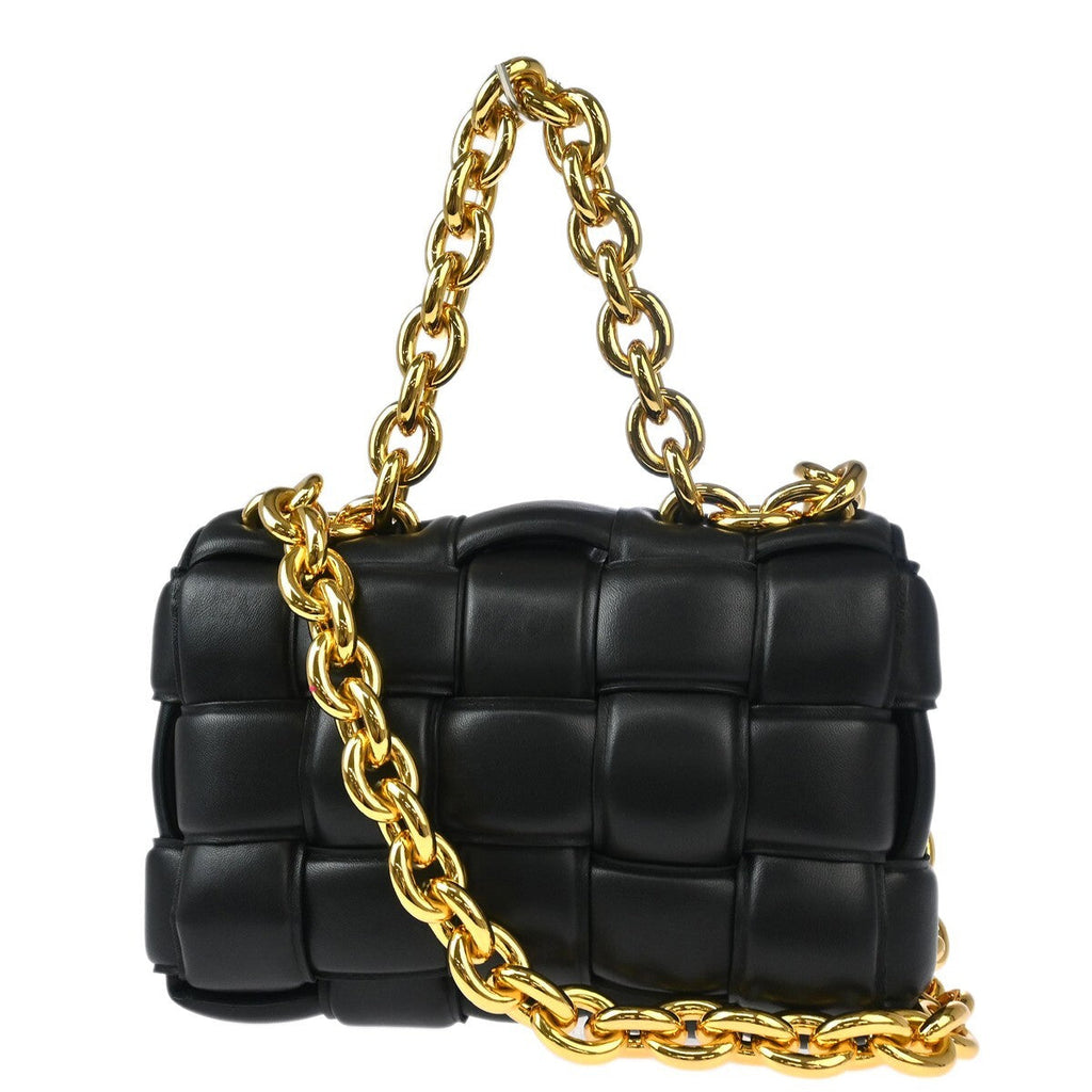 Bottega Veneta Cassette Chain Crossbody Bag Padded Maxi Intrecciato Leather Black Leather Shoulder Bag Bag (Pre-Owned)