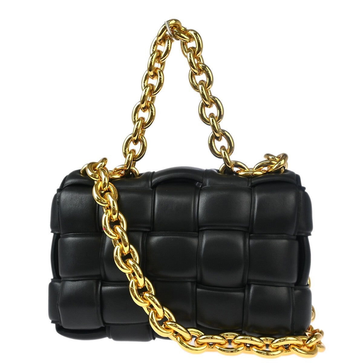 Bottega Veneta Cassette Chain Crossbody Bag Padded Maxi Intrecciato Leather Black Leather Shoulder Bag Bag (Pre-Owned)