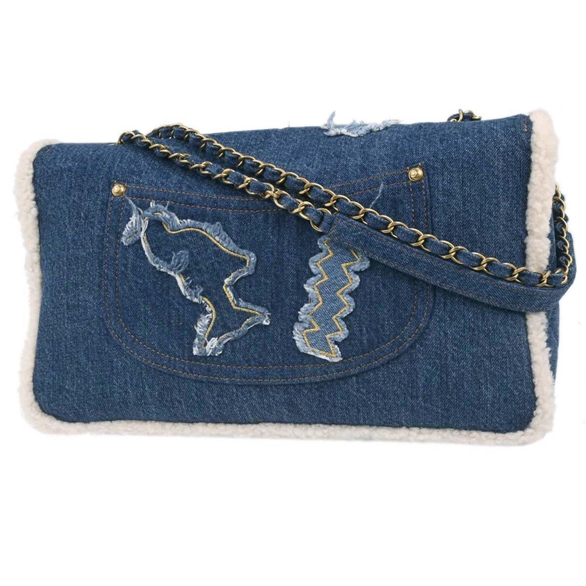 Chanel Egyptian Hieroglyph Flap Bag Denim And Shearling Blue Denim_Jeans Shoulder Bag Bag (Pre-Owned)