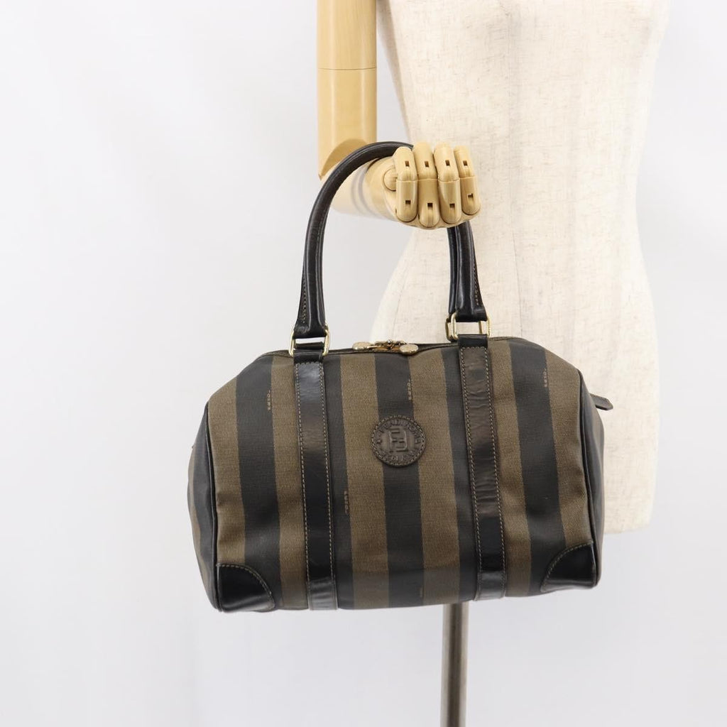 Fendi Vintage Pequin Boston Bag Coated Canvas Brown Canvas Handbag (Pre-Owned)