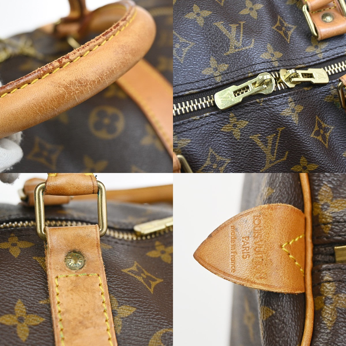 Louis Vuitton Keepall Bag Monogram Canvas Brown Leather Travel Bag Bag (Pre-Owned)