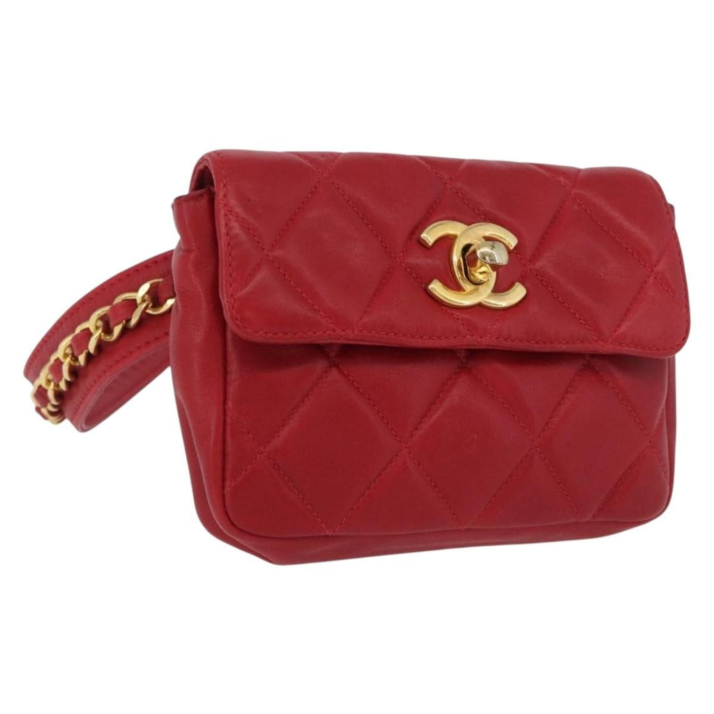 Chanel Vintage Cc Flap Waist Bag Quilted Lambskin Red Leather Clutche & Pouche Bag (Pre-Owned)