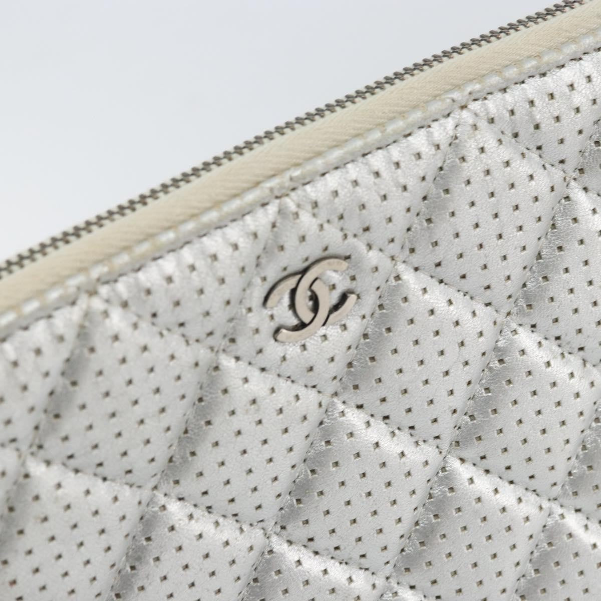 Chanel O Case Clutch Quilted Perforated Lambskin Silver Leather Clutche & Pouche Bag (Pre-Owned)