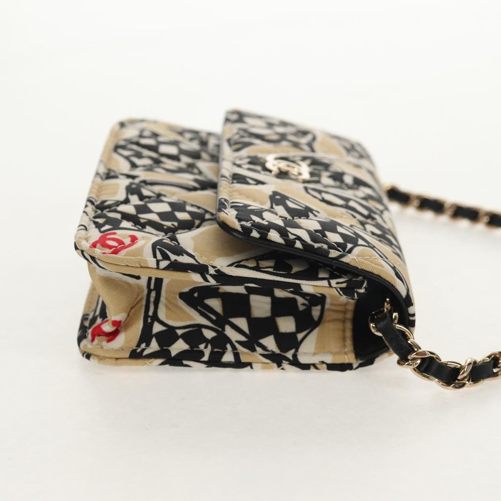 Chanel Flap Card Holder On Chain Quilted Printed Canvas Beige Satin Clutche & Pouche Bag (Pre-Owned)
