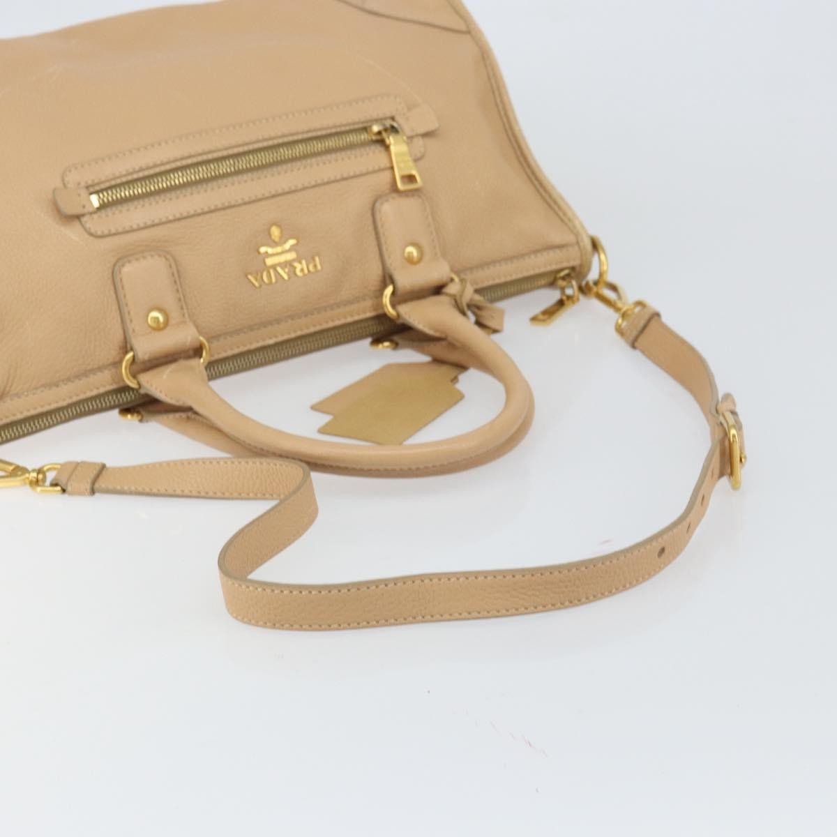 Prada Front Zip Convertible Satchel Cervo Leather Beige Leather Handbag (Pre-Owned)
