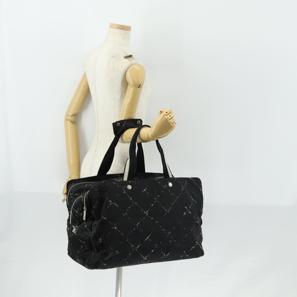 Chanel Travel Line Boston Bag Printed Nylon Black Nylon Travel Bag Bag (Pre-Owned)
