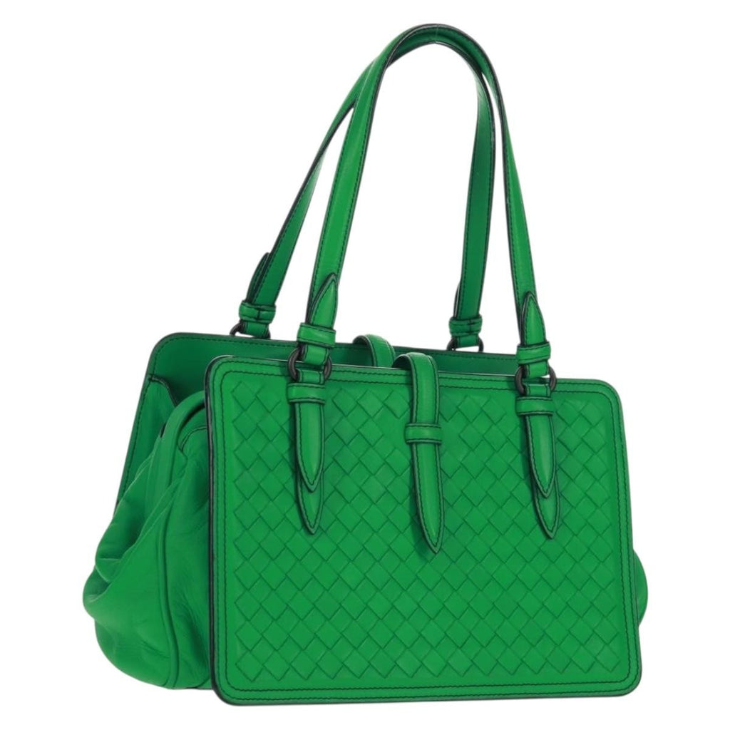 Bottega Veneta Intrecciato Handbag Leather Green Leather Handbag (Pre-Owned)