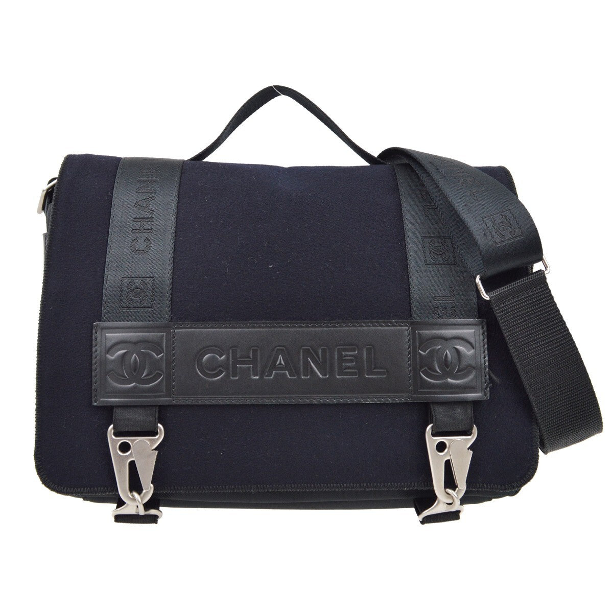 Chanel Sport Line Flap Messenger Bag Wool And Nylon Black Nylon Shoulder Bag Bag (Pre-Owned)