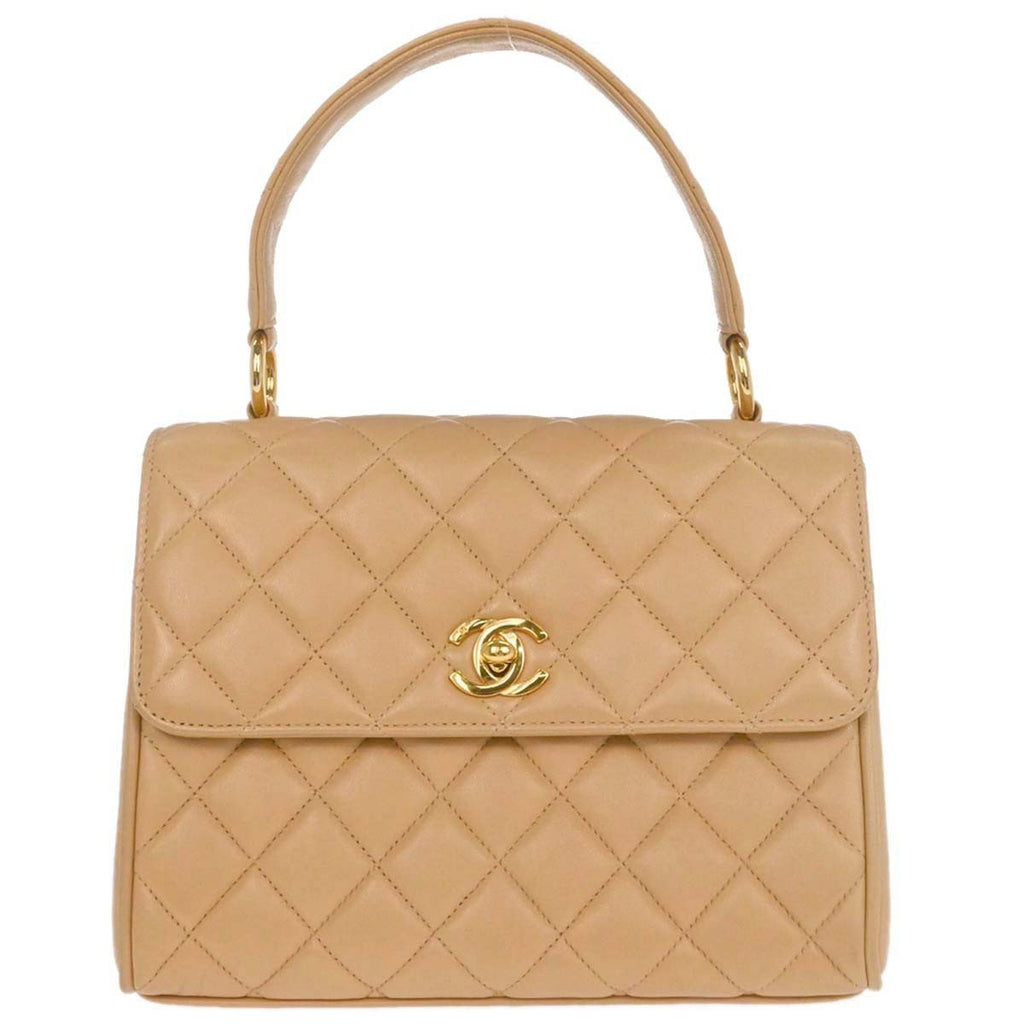 Chanel Vintage Top Handle Flap Bag Quilted Lambskin Beige Leather Handbag (Pre-Owned)
