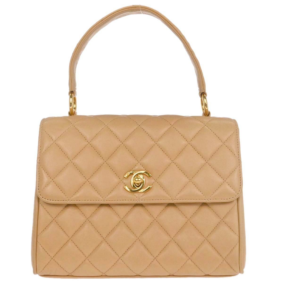 Chanel Vintage Top Handle Flap Bag Quilted Lambskin Beige Leather Handbag (Pre-Owned)