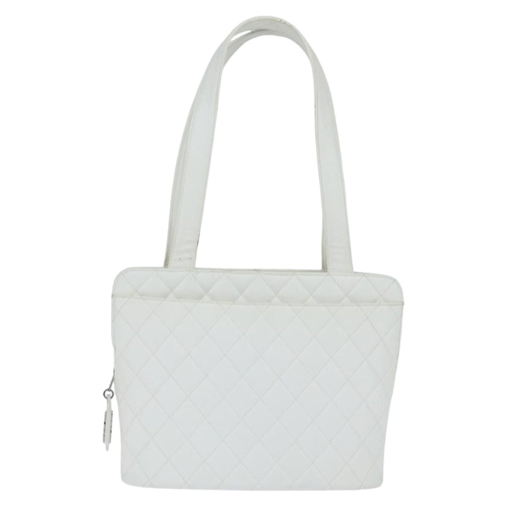 Chanel Vintage Cc Zip Around Bowler Bag Quilted Caviar White Leather Tote Bag Bag (Pre-Owned)