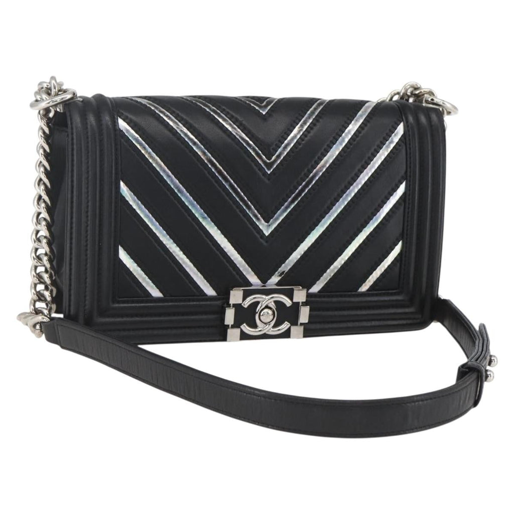 Chanel Boy Flap Bag Chevron Lambskin With Holographic Pvc Black Leather Shoulder Bag Bag (Pre-Owned)