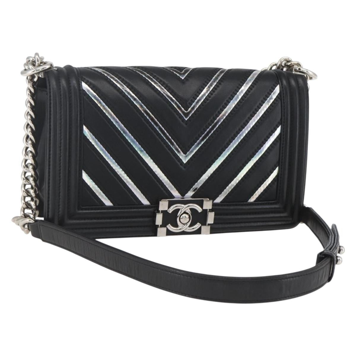Chanel Boy Flap Bag Chevron Lambskin With Holographic Pvc Black Leather Shoulder Bag Bag (Pre-Owned)