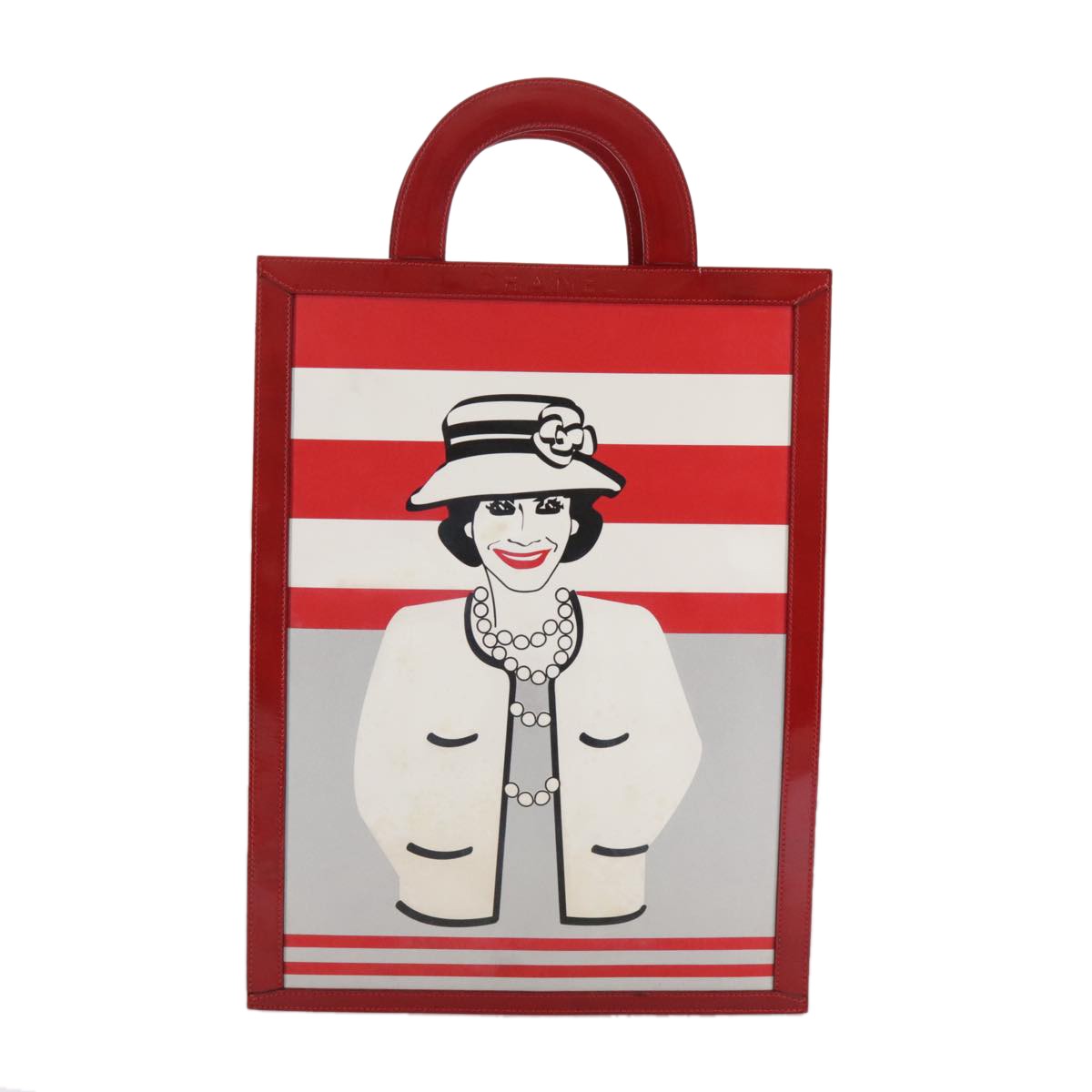 Chanel Vintage Portrait Tote Printed Leather And Quilted Patent Red Leather Tote Bag Bag (Pre-Owned)