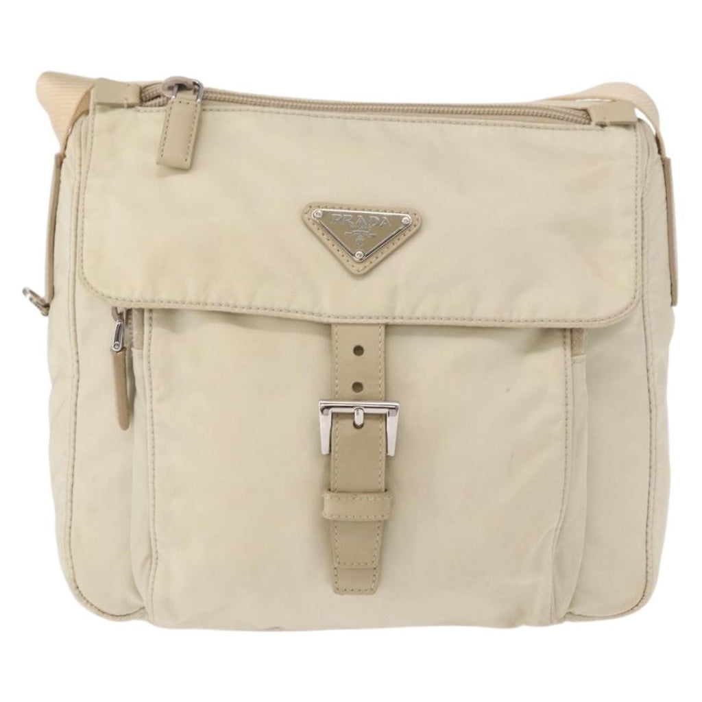 Prada Buckle Messenger Bag Tessuto Beige Nylon Shoulder Bag Bag (Pre-Owned)