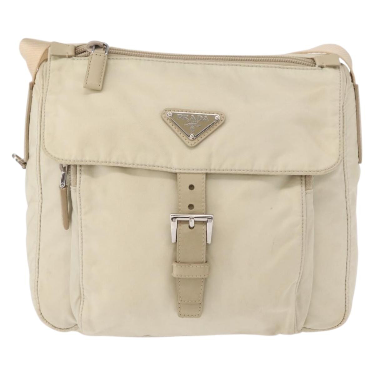 Prada Buckle Messenger Bag Tessuto Beige Nylon Shoulder Bag Bag (Pre-Owned)