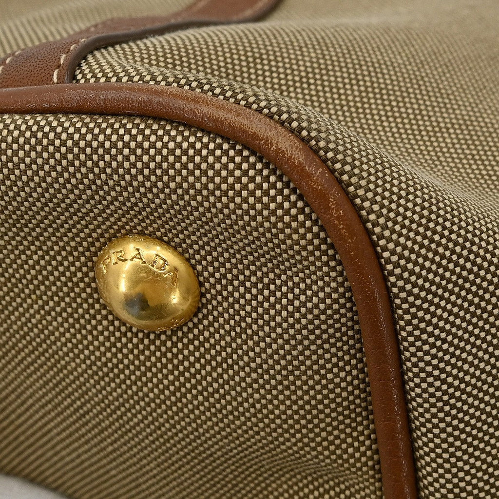 Prada Logo Convertible Tote Canvas With Leather Beige Canvas Tote Bag Bag (Pre-Owned)