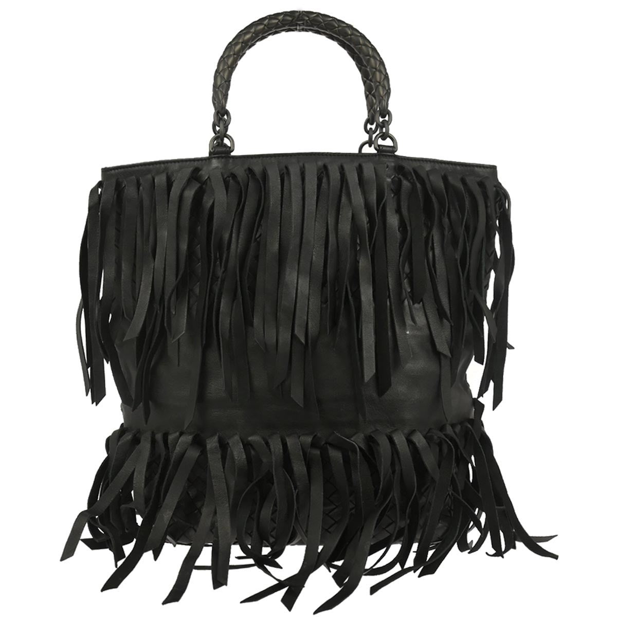 Bottega Veneta Fringe Belt Tote Intrecciato Nappa Black Leather Tote Bag Bag (Pre-Owned)