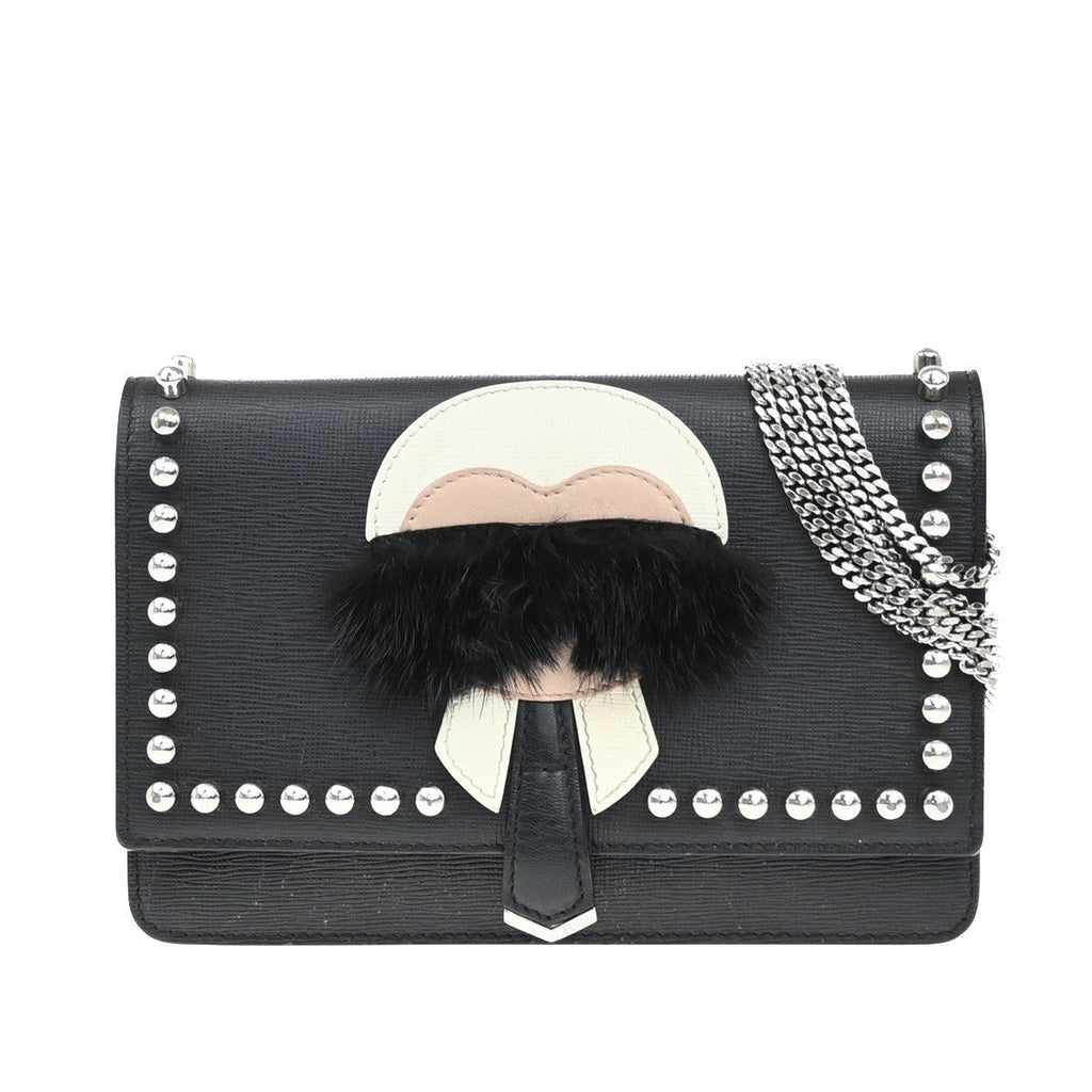 Fendi Karlito Wallet On Chain Studded Saffiano Leather Black Leather Shoulder Bag Bag (Pre-Owned)