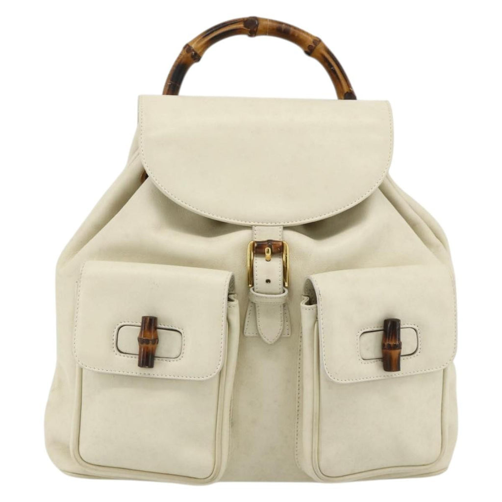 Gucci Vintage Bamboo Backpack Leather White Leather Backpack Bag (Pre-Owned)