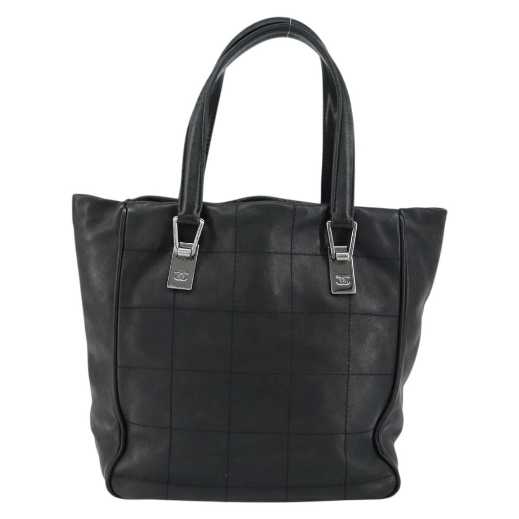 Chanel Square Stitch Tote Quilted Leather Black Leather Tote Bag Bag (Pre-Owned)