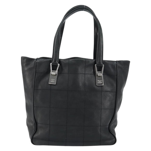 Chanel Square Stitch Tote Quilted Leather Black Leather Tote Bag Bag (Pre-Owned)
