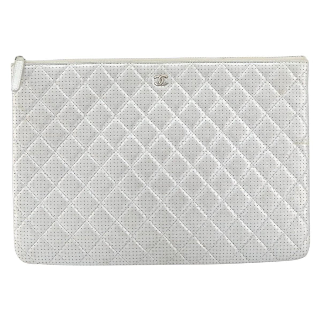 Chanel O Case Clutch Quilted Perforated Lambskin Silver Leather Clutche & Pouche Bag (Pre-Owned)