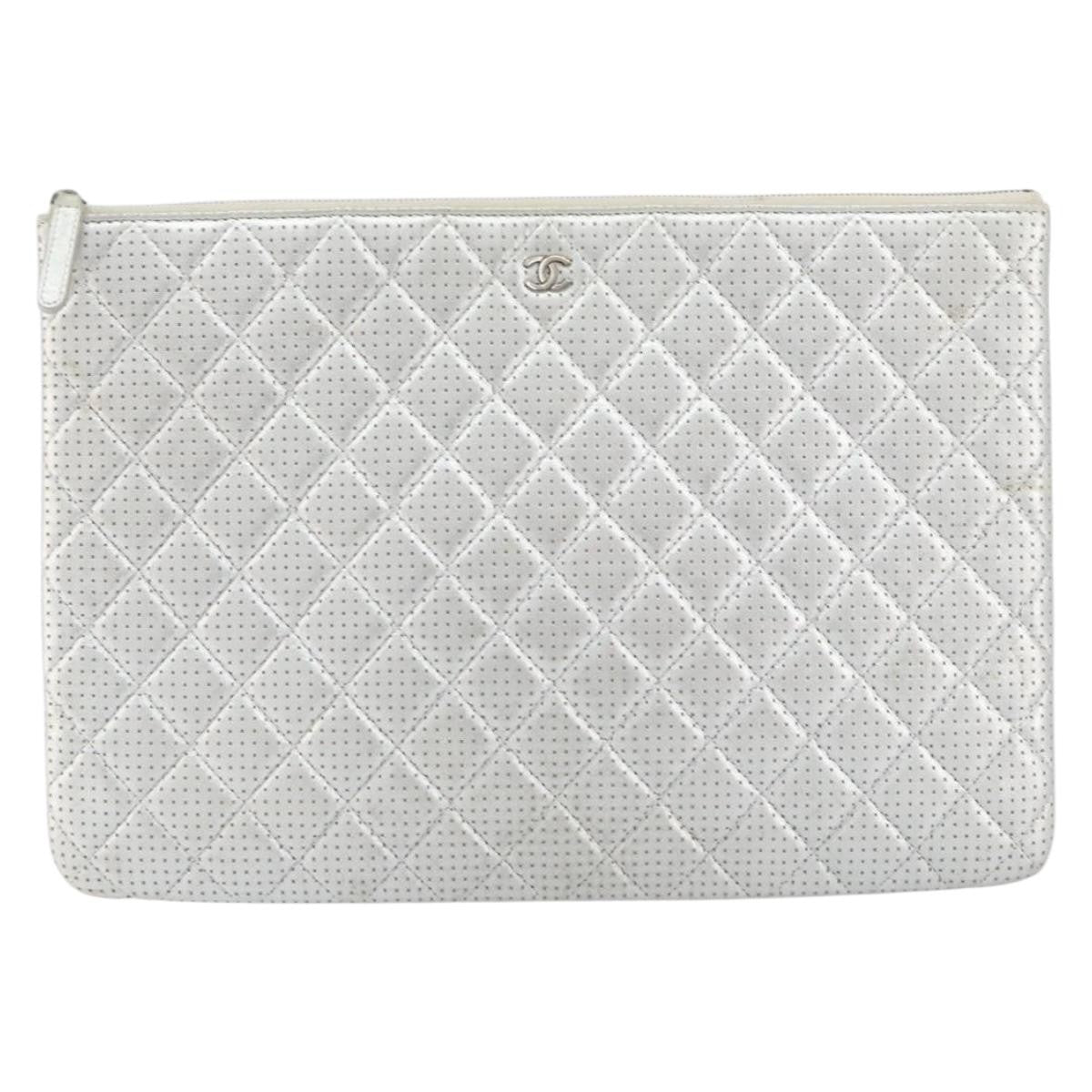 Chanel O Case Clutch Quilted Perforated Lambskin Silver Leather Clutche & Pouche Bag (Pre-Owned)