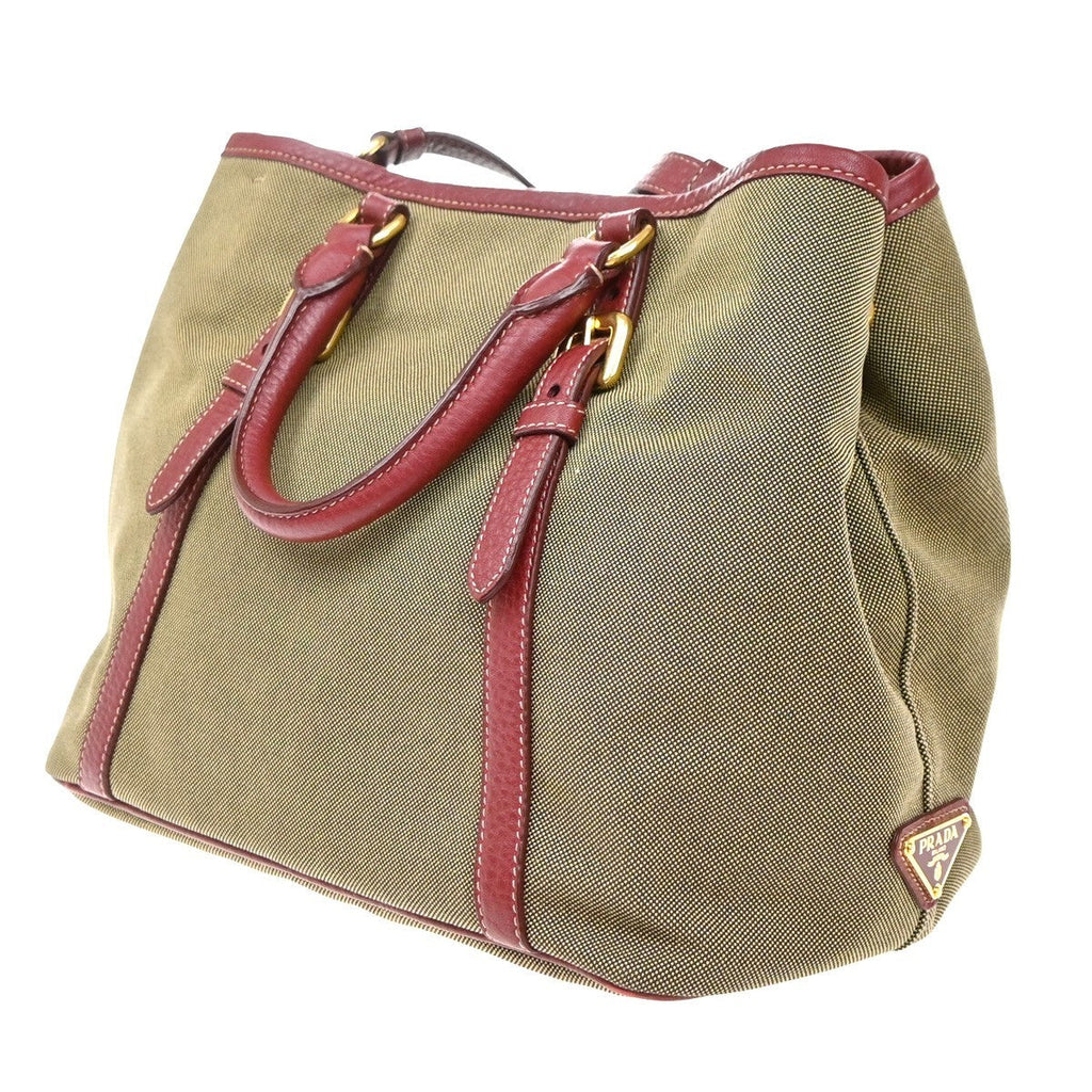 Prada Logo Convertible Tote Canvas With Leather Beige Canvas Tote Bag Bag (Pre-Owned)