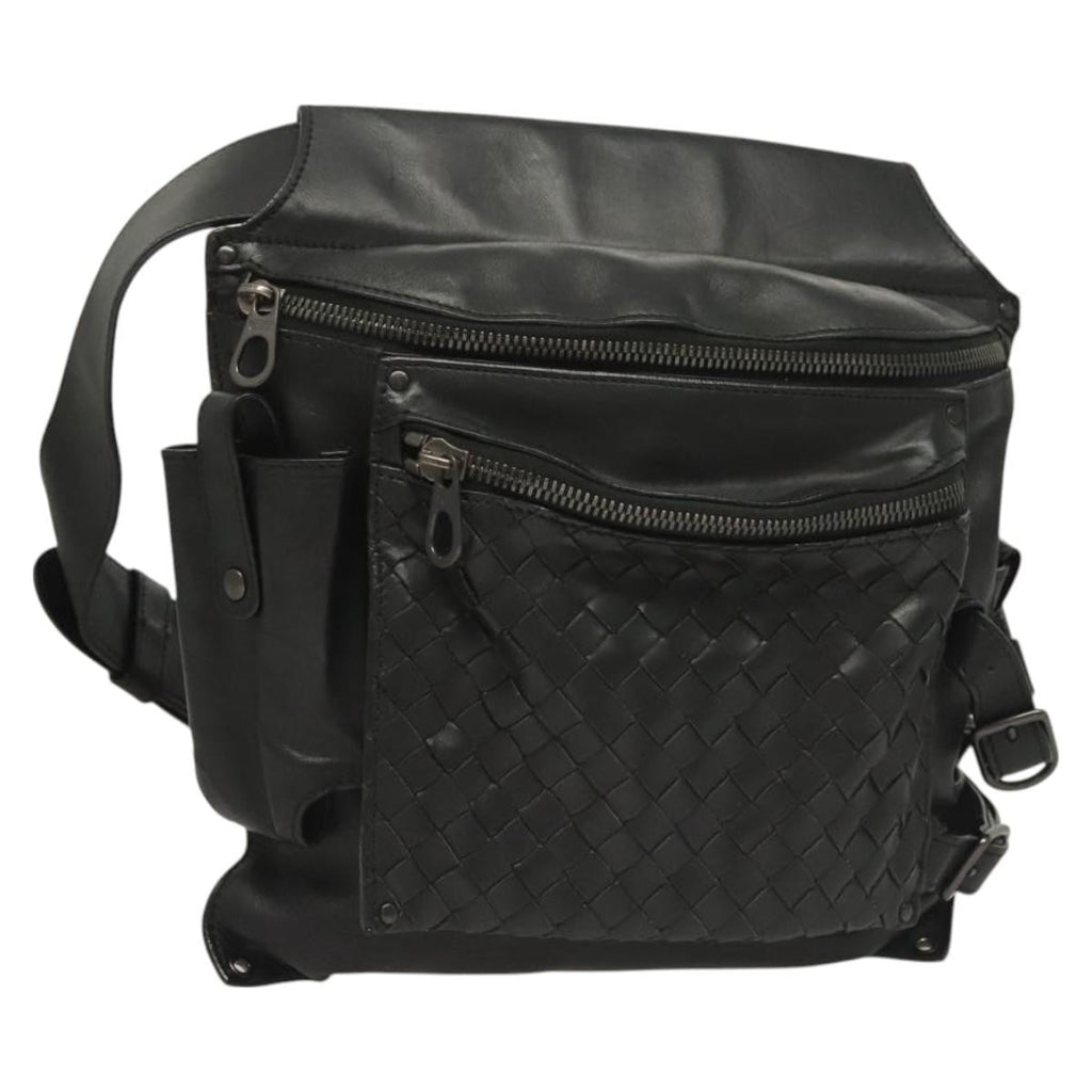 Bottega Veneta Utility Waist Bag Leather With Intrecciato Black Leather Bag (Pre-Owned)