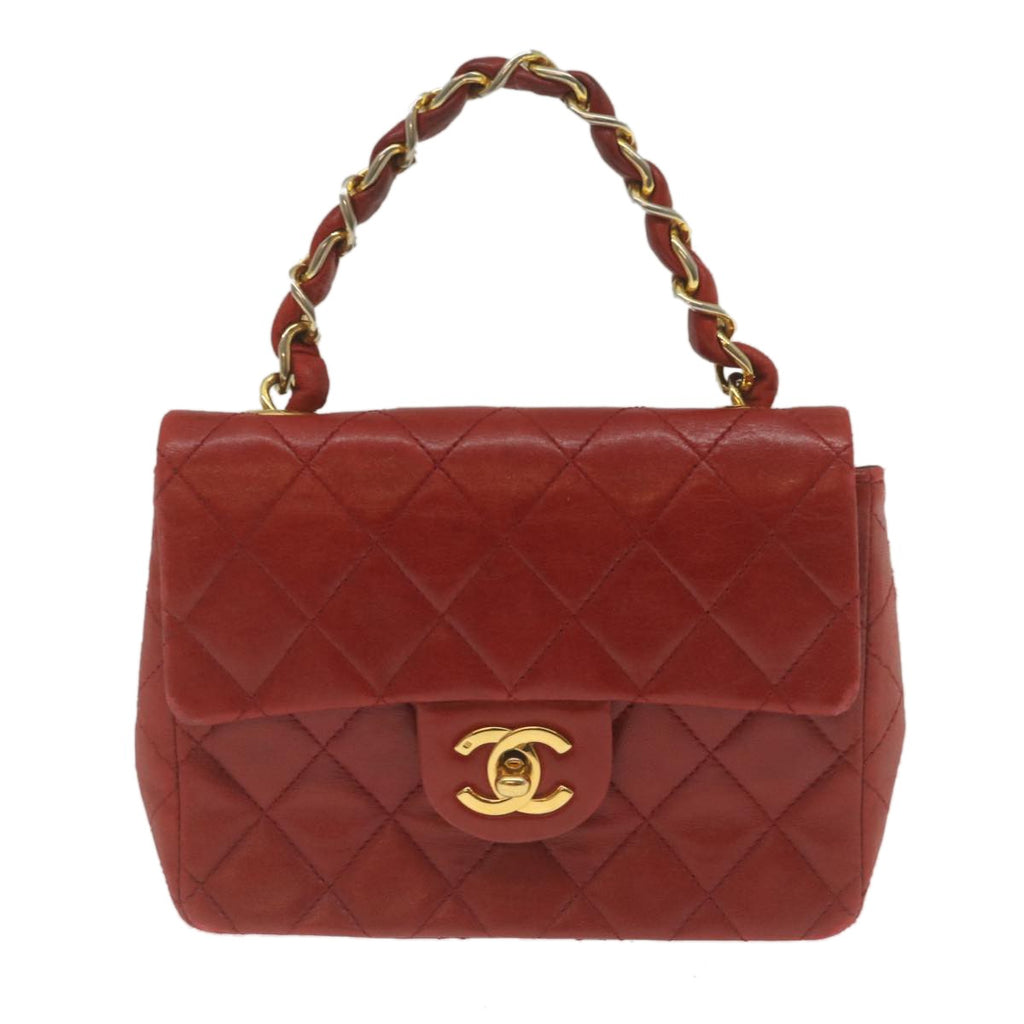 Chanel Vintage Square Chain Handle Flap Bag Quilted Lambskin Red Leather Handbag (Pre-Owned)