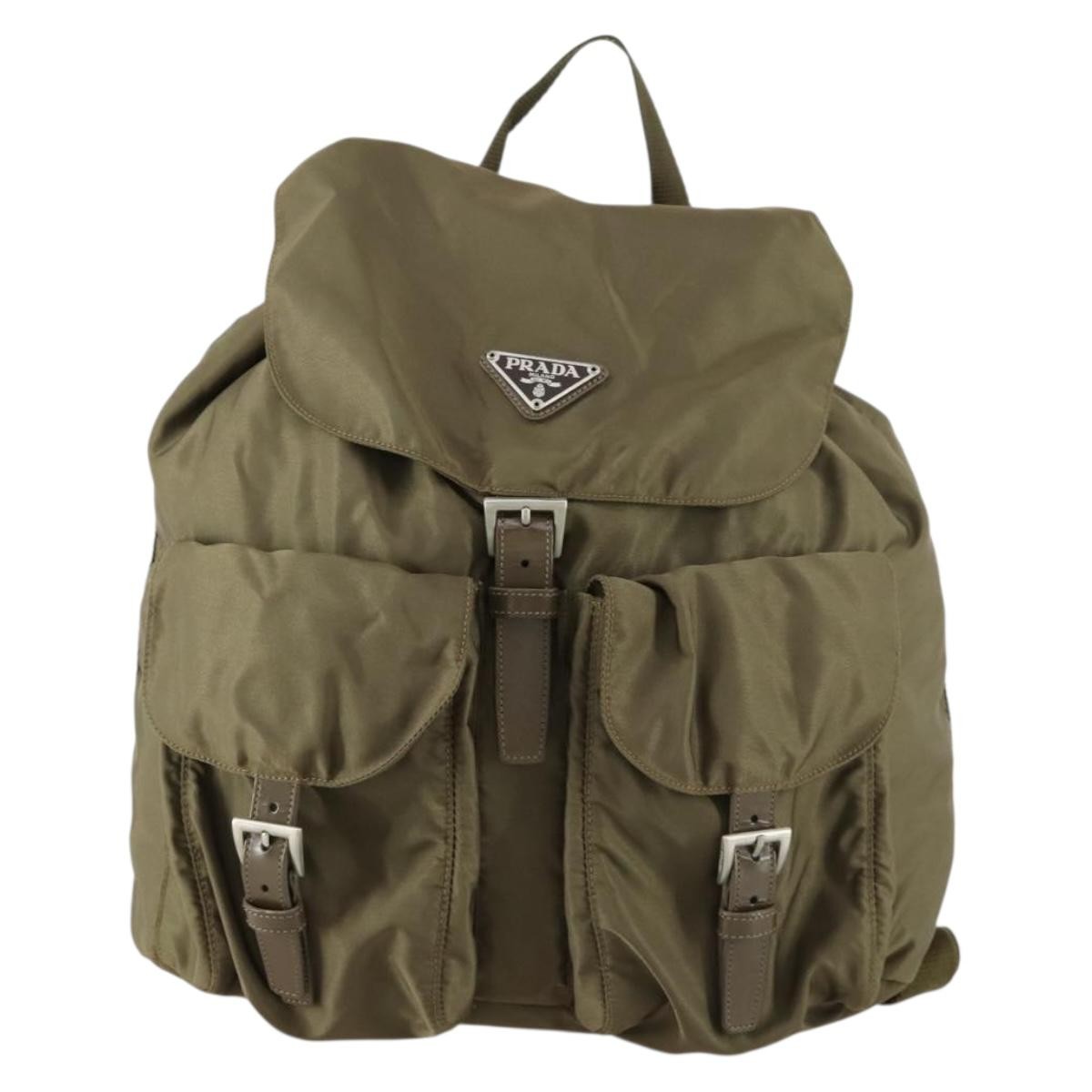 Prada Vela Double Front Pocket Backpack Tessuto With Saffiano Leather Khaki Nylon Backpack Bag (Pre-Owned)