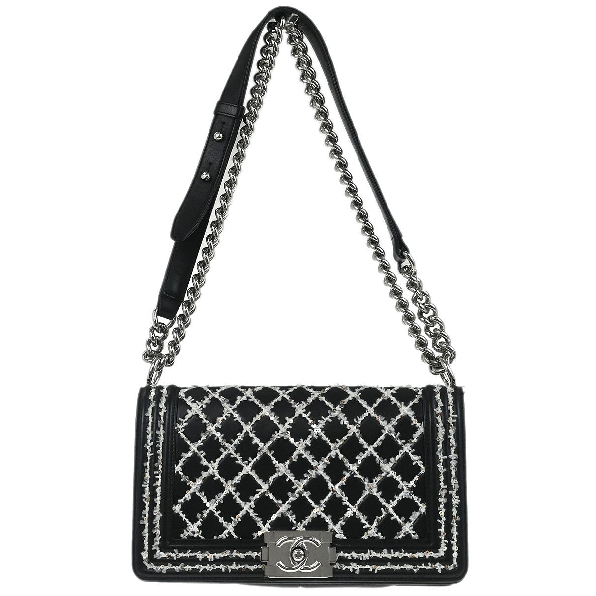 Chanel Boy Flap Bag Sequin Quilted Calfskin Black Leather Shoulder Bag Bag (Pre-Owned)