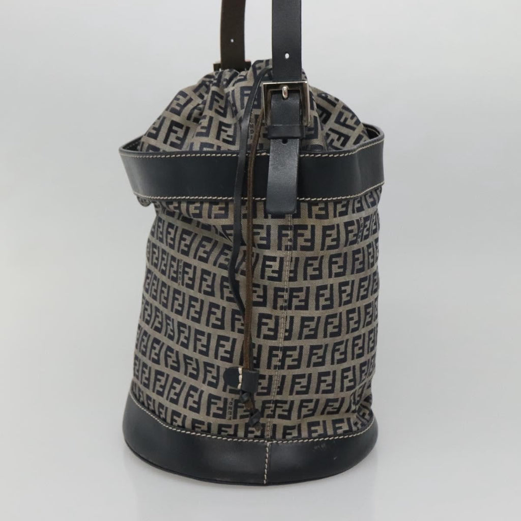 Fendi Ff Logo Mon Tresor Bucket Bag Printed Shearling With Leather Navy Canvas Shoulder Bag Bag (Pre-Owned)