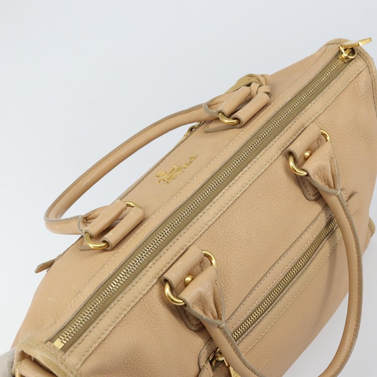 Prada Front Zip Convertible Satchel Cervo Leather Beige Leather Handbag (Pre-Owned)