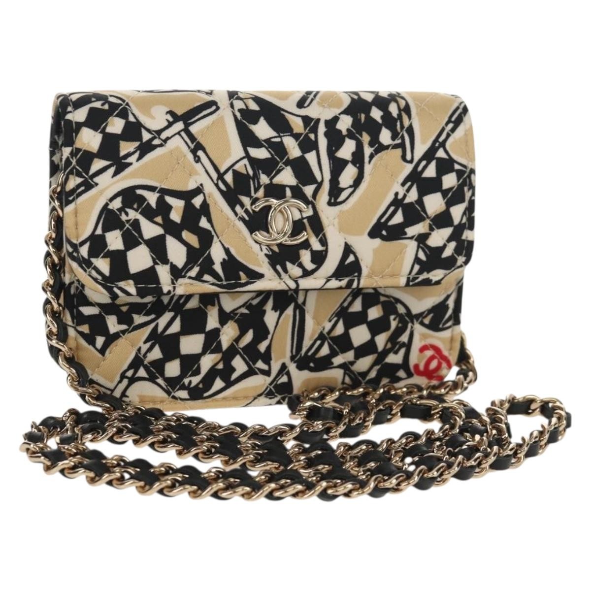 Chanel Flap Card Holder On Chain Quilted Printed Canvas Beige Satin Clutche & Pouche Bag (Pre-Owned)