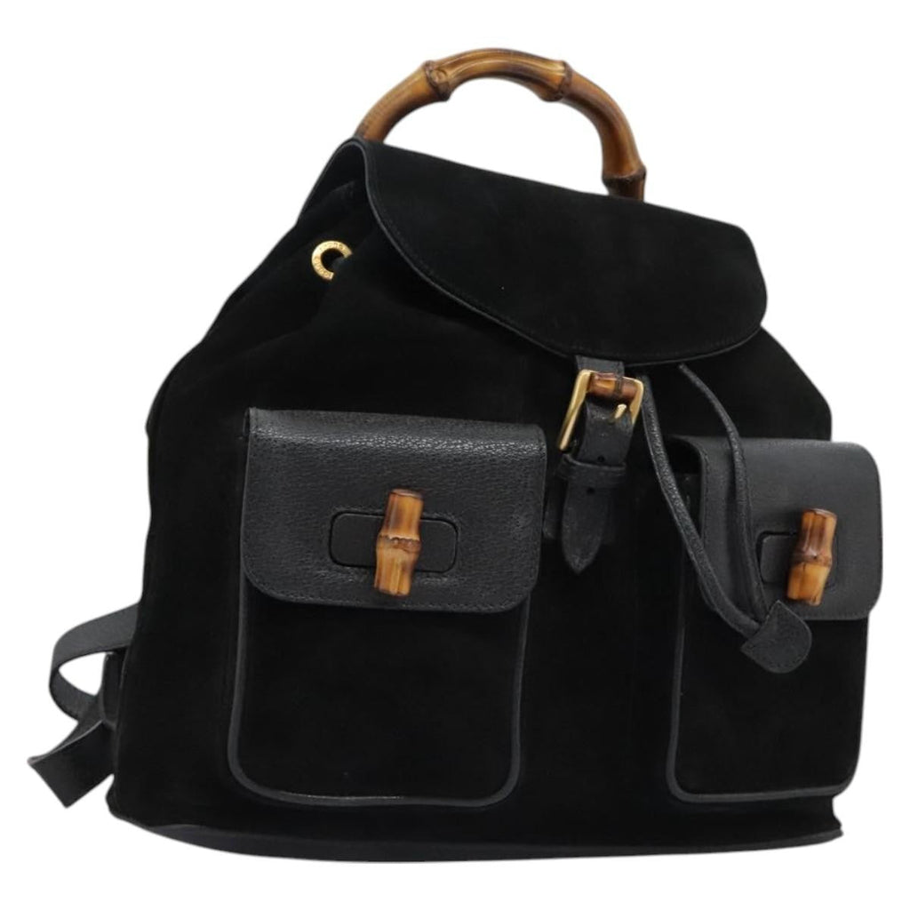 Gucci Vintage Bamboo Backpack Suede And Leather Black Suede Backpack Bag (Pre-Owned)