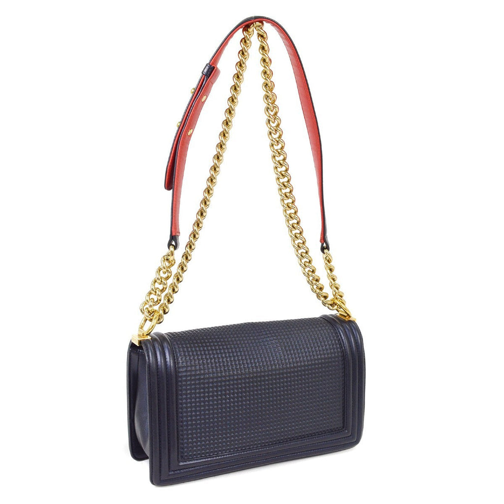 Chanel Boy Flap Bag Cube Embossed Lambskin Navy Leather Shoulder Bag Bag (Pre-Owned)