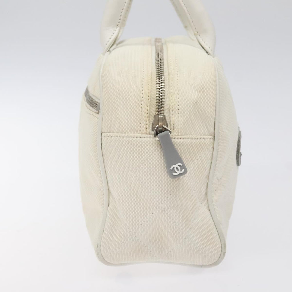 Chanel Vintage Logo Bowler Bag Quilted Canvas White Canvas Handbag (Pre-Owned)