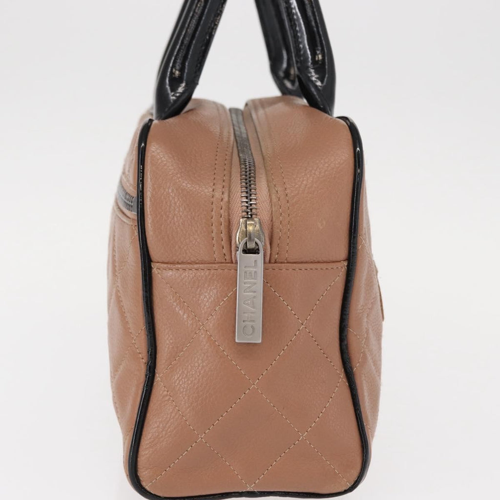 Chanel Embossed Logo Bowler Bag Quilted Caviar Beige Leather Handbag (Pre-Owned)