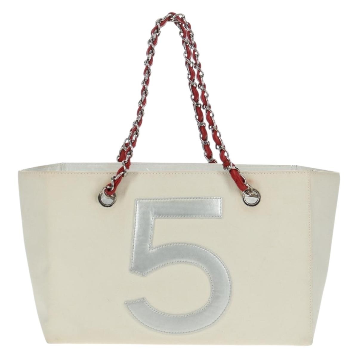 Chanel No.5 Tote Canvas And Leather White Canvas Tote Bag Bag (Pre-Owned)
