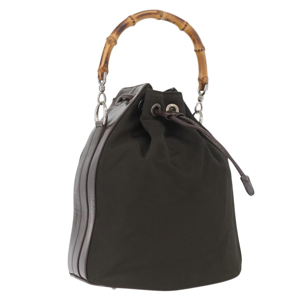 Gucci Vintage Bamboo Bucket Bag Nylon And Leather Khaki Nylon Handbag (Pre-Owned)