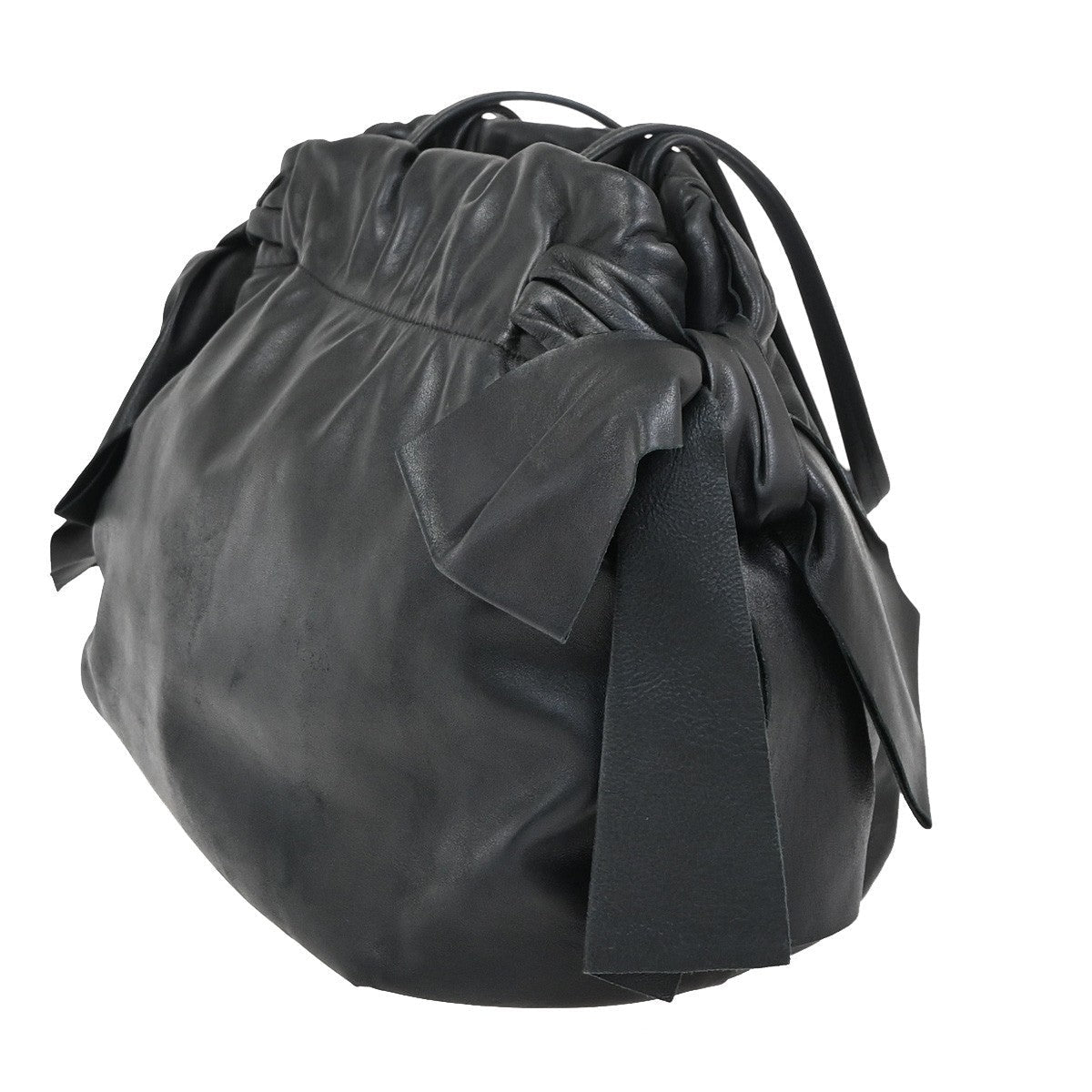 Prada Bow Tie Pleated Tote Leather Black Leather Shoulder Bag Bag (Pre-Owned)